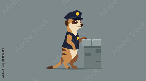 Meerkat police officer standing next to a grey box.