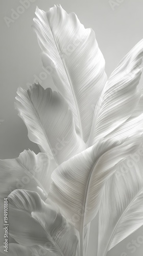 Abstract white leaves with textured, organic veins against a soft, neutral backdrop