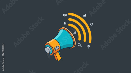 Megaphone with sound waves and communication icons.
