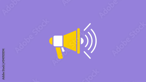 Megaphone icon on purple background, flat design illustration.