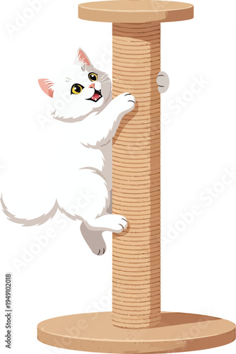 A cute cartoon illustration of a baby kitten and mouse sitting on a chair by a wooden fence with pink hearts for a Valentine holiday card design