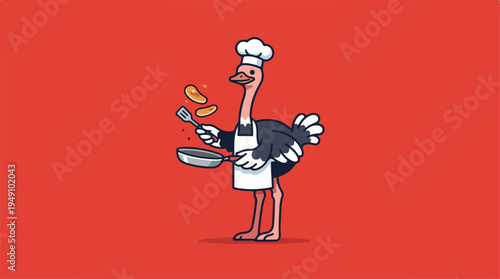 Ostrich Chef Cooking Pancakes with Frying Pan.