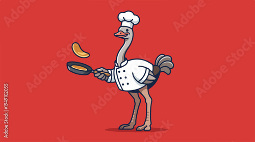 Ostrich Chef Flipping Pancakes in a Frying Pan.