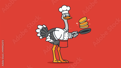 Ostrich Chef Flipping Pancakes in a Frying Pan.