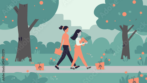 Two women walking in a park.