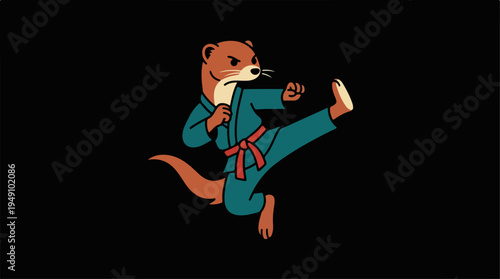 Otter practicing martial arts in a teal gi with a red belt, performing a high kick on a black background.