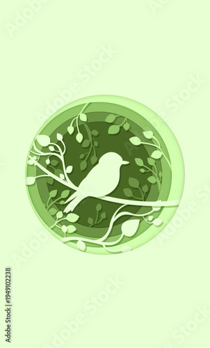 Bird in Forest Paper Cut Style Vector Illustration