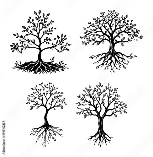 Tree and roots set with black silhouettes and abstract lines featuring nature, growth, ecology with strength and foundation