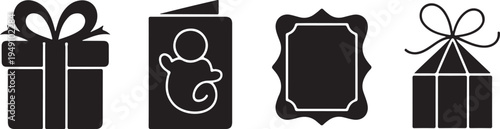 Four black and white of a gift box, baby card, frame, and gift box with ribbon