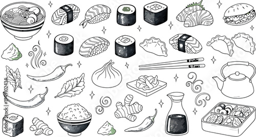 Black and white illustration of various sushi and japanese food items isolated on transparent background