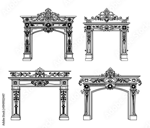 Victorian fireplace mantel set with ornate line art design featuring imperial, detailed engraving, flourishes with historical and decorative