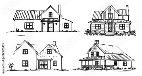 Abstract country house set with a sole continuous line illustration showing a stylized rural dwelling featuring line art, minimalist, black and white with vector and illustration