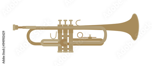 Detailed flat vector illustration of a gold brass trumpet musical instrument. Elegant graphic design of a classical jazz or orchestra trumpet isolated on a white background.