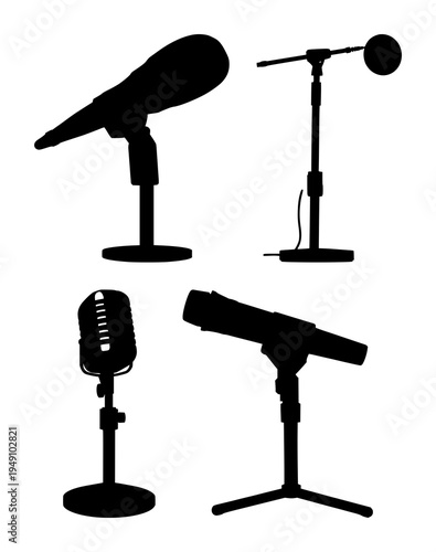 Broadcasting microphone set with a solid black silhouette on a sleek desktop stand featuring audio, recording, podcasting with sound and equipment