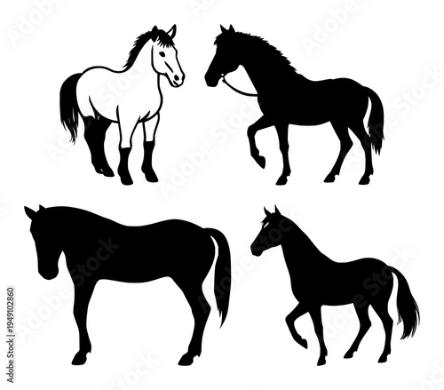 Leatherwork stitching pony set with solid black silhouette on white background featuring professional, artisan, craft trade with leatherwork and stitching