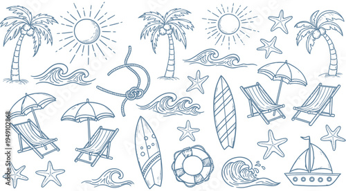 Hand-drawn summer beach elements vector set. Doodle collection of sun, palm trees, waves, surfboards, chairs, umbrellas, and marine life for vacation designs