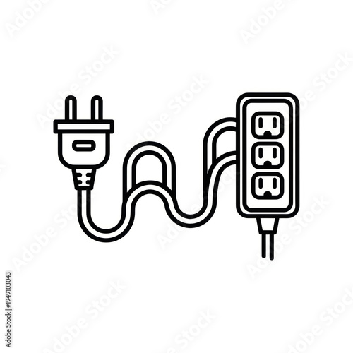 Illustration of a power strip with an electrical plug and multiple outlets, highlighting connectivity and multiport extension for devices.