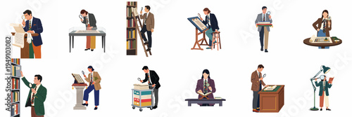A collection of illustrations showing professional researchers, librarians, and archivists examining historical documents, manuscripts, and books with magnifying glasses in various library settings.