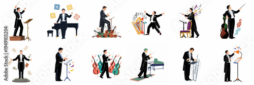 Collection of twelve illustrations featuring a male symphony conductor in a tuxedo, gesturing with a baton and musical elements on white.