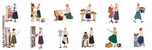 Illustrations of a professional museum curator and fashion archivist managing, documenting, and preserving a collection of vintage clothing, hats, and historical costumes.