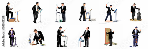Vector set of a male orchestra conductor in formal attire, depicted in various professional poses with musical instruments and equipment on white background.