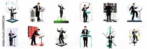 A collection of twelve illustrations showing an orchestral conductor interacting with futuristic technology, digital interfaces, electronic sound equipment, and scientific elements.