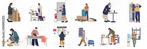 Diverse Set of Textile Factory Workers Engaged in Sewing, Cutting, Quality Control, and Safety Protocols in a Garment Manufacturing Workshop.