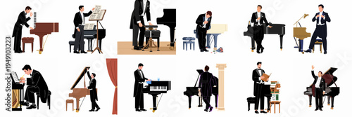 Collection of illustrations featuring a male pianist in a tuxedo performing, practicing, and maintaining a grand piano in various professional poses.