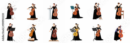 Flat vector illustration collection of a professional female cellist in various performing and practicing poses wearing an elegant black gown.