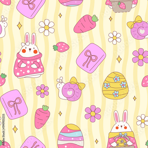 Cute Hand Drawn Easter Bunny Seamless Pattern Coquette Bow with Blossom	