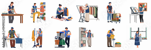 Set of diverse professionals performing quality control, inspection, and production tasks in the textile and garment industry illustration.