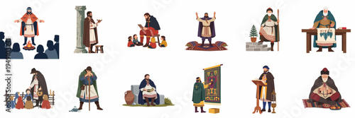 Collection of historical vector illustrations showcasing traditional folklore characters, ancient rituals, and daily life in medieval Slavic or Nordic style.