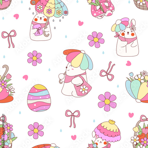 Cute Hand Drawn Easter Bunny Seamless Pattern Coquette Bow with Blossom	