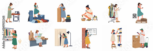 Flat illustration set of professional women working in the textile industry, clothing manufacturing, warehouse logistics, and creative fashion design on white background.