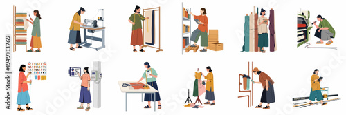 Illustration set of women working in different stages of the textile and garment industry, including design, manufacturing, quality control, and logistics management.