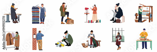 Collection of textile industry workers including tailors, weavers, designers, and warehouse staff engaged in garment manufacturing and retail.