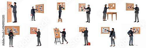Professional investigators and detectives working on evidence boards, connecting clues with red string in a series of flat vector illustrations on white background.
