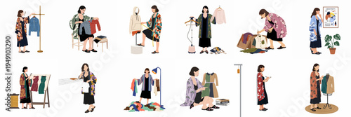 Collection of flat illustrations showing a professional woman engaged in various sustainable fashion industry activities like garment repair, styling, and ethical manufacturing.