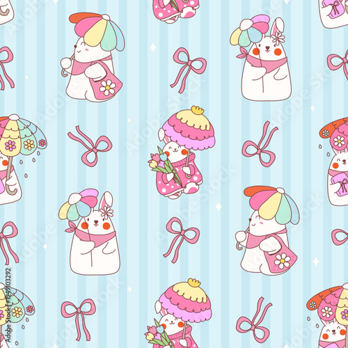 Cute Hand Drawn Easter Bunny Seamless Pattern Coquette Bow with Blossom	