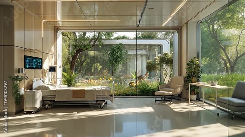 Modern hospital room with garden view and natural light