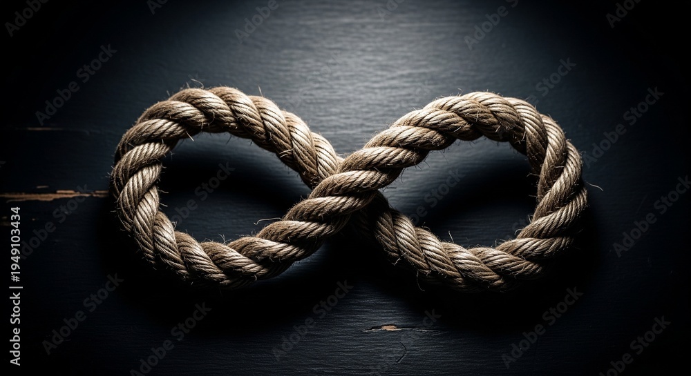 Fototapeta premium A thick, natural fiber rope meticulously shaped into an infinity symbol, lying on a dark, textured wooden surface under a dramatic spotlight.