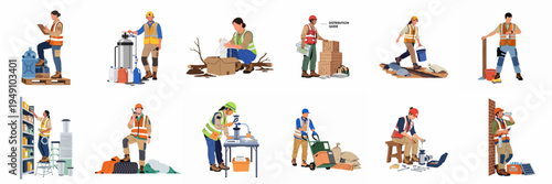 Diverse humanitarian aid and relief workers performing various logistics, distribution, and technical tasks in a flat vector illustration set.