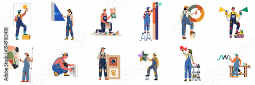 Set of diverse male and female characters painting with spray cans in various artistic styles, featuring muralists and street artists in overalls.