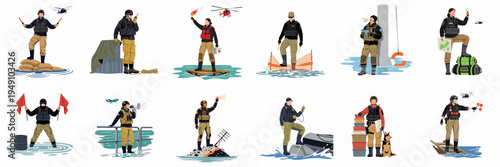 Illustrations of rescue and military personnel performing various emergency operations and search and rescue missions in watery environments.