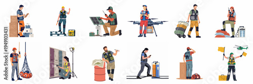Set of flat illustrations depicting humanitarian aid workers and emergency responders engaged in various disaster relief logistics and supply operations.