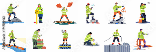 Set of rescue personnel in high-visibility uniforms performing various emergency response and signaling tasks in diverse disaster scenarios.