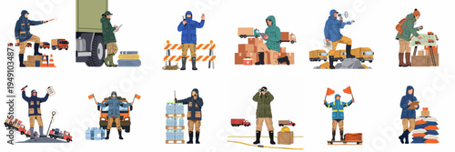 Set of illustrations depicting professional aid workers coordinating humanitarian relief, logistics, and emergency supply delivery in remote disaster-affected areas.