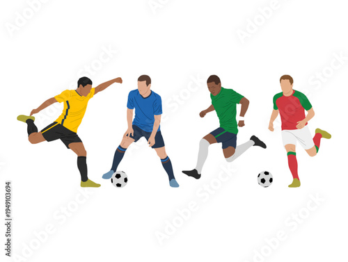 Professional soccer players in action, diverse football athletes kicking ball minimalist vector illustration for sports