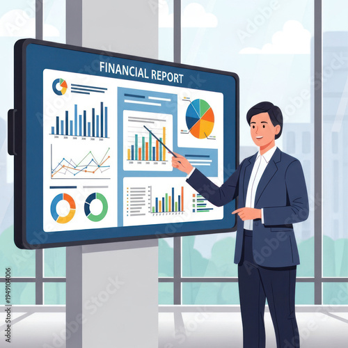 Business Professional Presenting Financial Report with Charts and Graphs on a Large Interactive Screen.