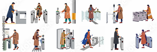 Collection of flat illustrations showing diverse people using electronic ticket gates and turnstiles for public transportation access in winter clothing.